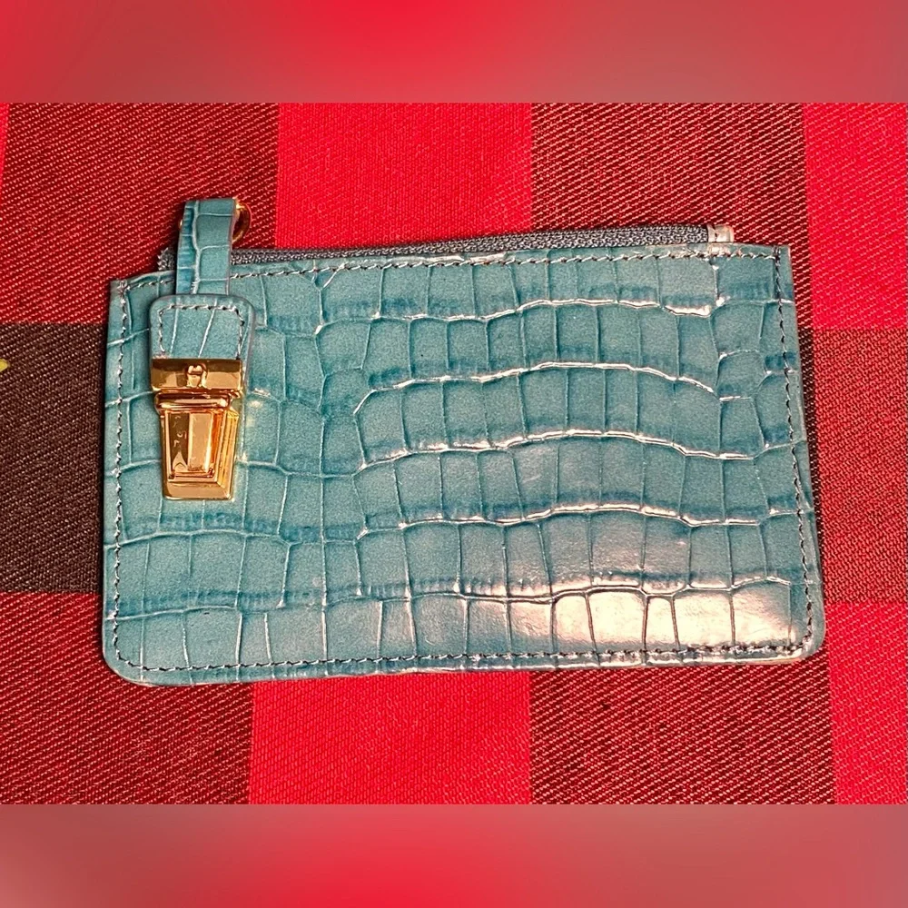 Etienne Aigner Teal Croc-Embossed Card Holder with Mirror Attached & Gold Accent